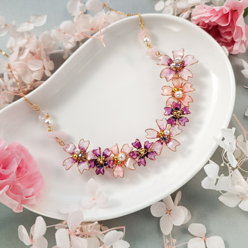 春色 満開の桜 天然石（ ローズクォーツ ） ネックレス
