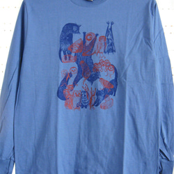 【シルク印刷】長袖Tシャツ(袖リブ)・とりねこ2版：メンズM〜Lサイズ(女子L対応サイズ) くすみブルー 1枚目の画像