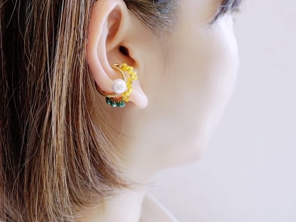 イヤーカフ コーデセット「Mimosa+drop」天然石　カルセドニー　パール　 1枚目の画像