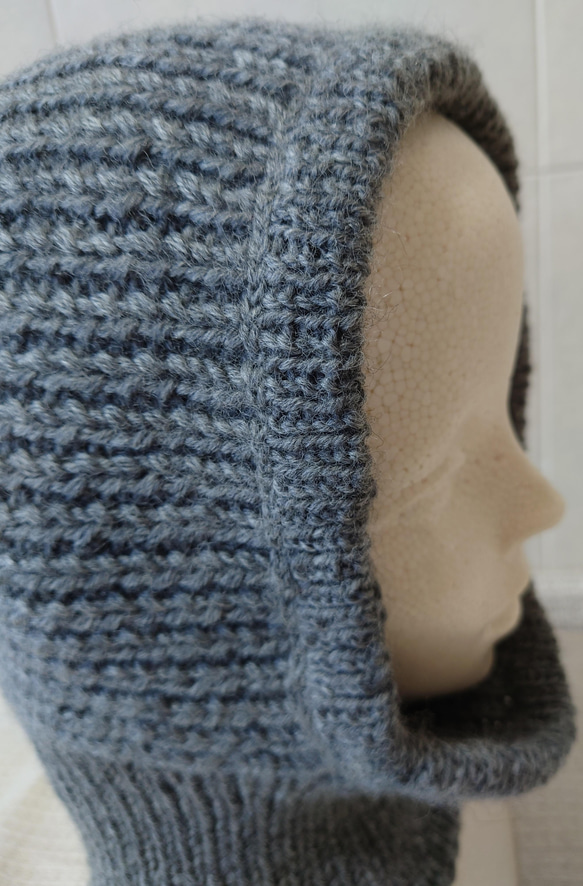 【即納】バラクラバフード付きネックウォーマウール１００％リブ編み多めの手編み帽子スノーボードスキー 2枚目の画像