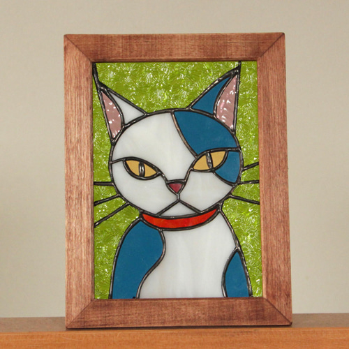 ステンドグラス　白猫　アンティークインテリア ステンドグラス 白猫 アンティークインテリア