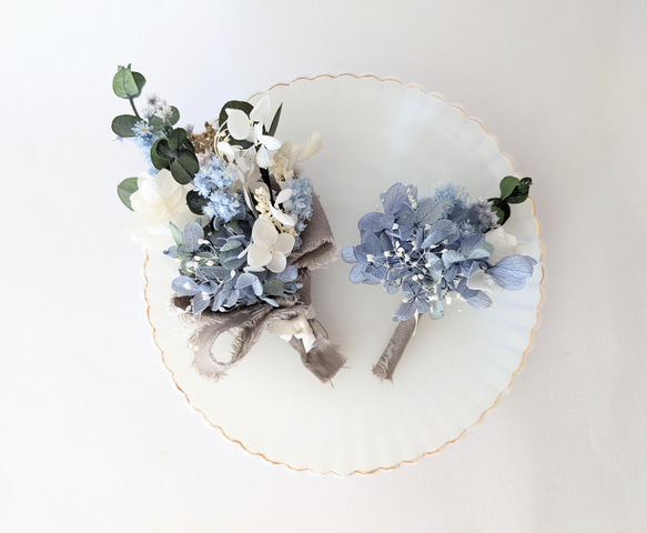 涼しげのミニスワッグとプチブーケ　フレッジリボン　花束　ブルーライム　くすみカラー　涼しげ 1枚目の画像
