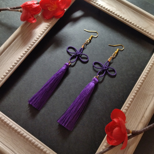 几帳結びのとタッセルのピアス(イヤリング)（紫）【チャイナ【中華