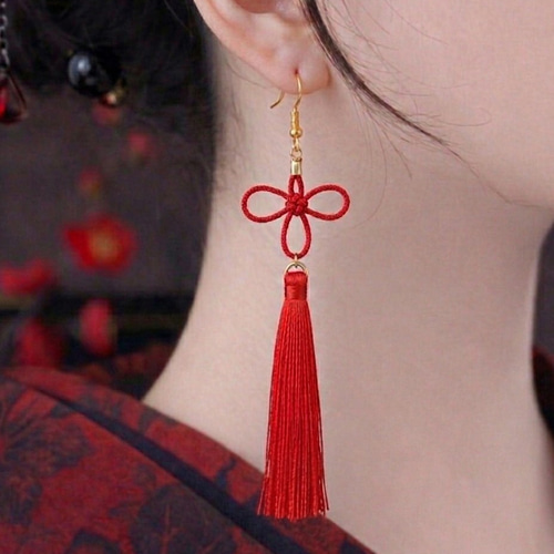 几帳結びのとタッセルのピアス(イヤリング)（薄青）【チャイナ【中華