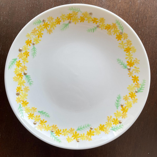 陶器 皿 ミモザ ハンドペイント 磁器 手描き 絵付け丸皿 16.5
