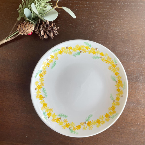 陶器 皿 ミモザ ハンドペイント 磁器 手描き 絵付け丸皿 16.5
