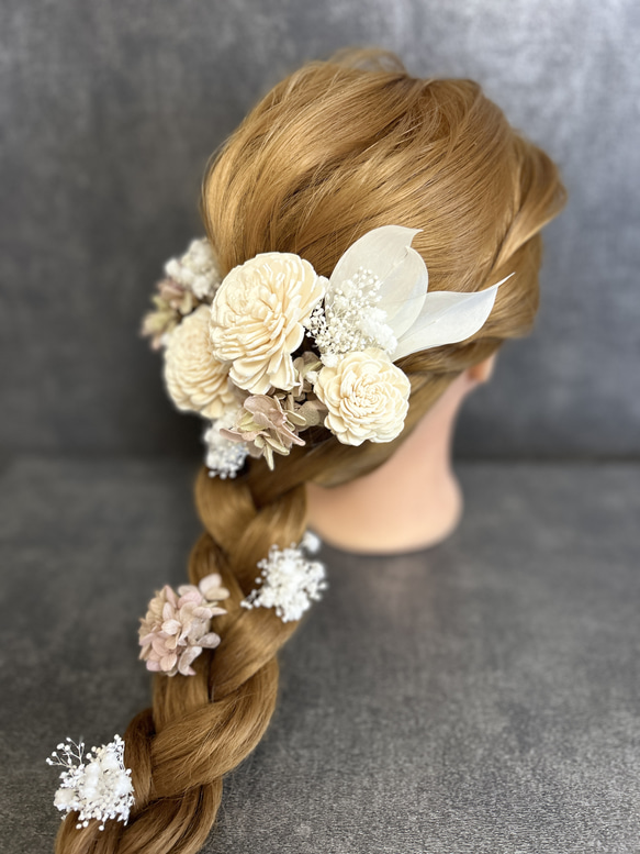 ヘッドドレス　髪飾り　結婚式　成人式　ソーラーローズ 白薔薇 ヘアアクセサリー リーフ 紫陽花 4枚目の画像