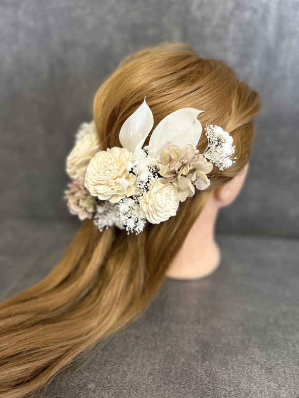 ヘッドドレス　髪飾り　結婚式　成人式　ソーラーローズ 白薔薇 ヘアアクセサリー リーフ 紫陽花 2枚目の画像