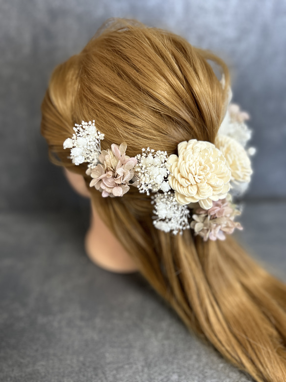 ヘッドドレス　髪飾り　結婚式　成人式　ソーラーローズ 白薔薇 ヘアアクセサリー リーフ 紫陽花 3枚目の画像