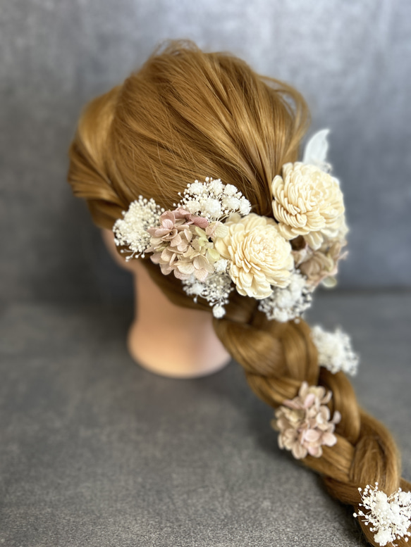 ヘッドドレス　髪飾り　結婚式　成人式　ソーラーローズ 白薔薇 ヘアアクセサリー リーフ 紫陽花 5枚目の画像