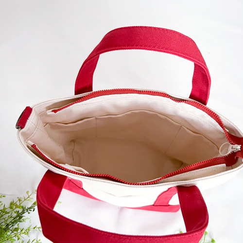 帆布のファスナー付きトートバッグ Sサイズ 生成り×赤 2way可