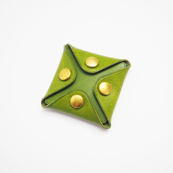 四つボタンコインケース グリーン　イタリアンレザー　ハンドメイド革小物 3枚目の画像