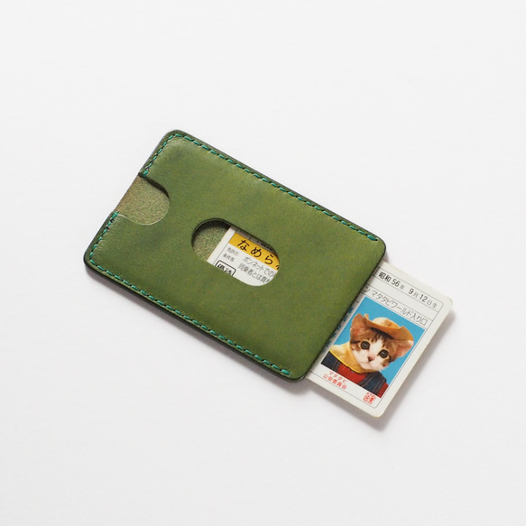 ICカードケース グリーン　イタリアンレザー　ハンドメイド革小物 4枚目の画像