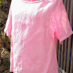 春の新作　伝統の紅花染　ヘンプ１００％布帛のTシャツ　レディース　L サイズ 1枚目の画像