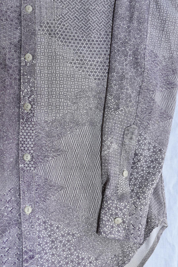 着物リメイク　アイボリーに紫の江戸小紋の切り嵌め柄のカジュアルシャツ　メンズLサイズ 3枚目の画像