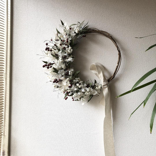 Natural＊野薔薇の実とホワイトリース＊ドライフラワーリース