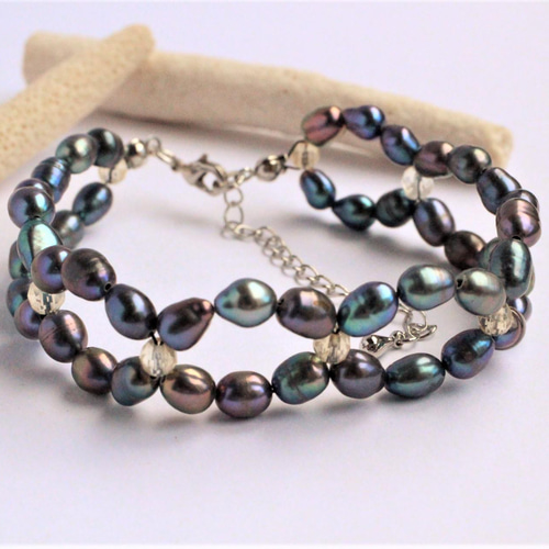 龍紋天珠♡黒龍♡5A水晶♡ハーフブラック水晶♡メンズサイズブレス  