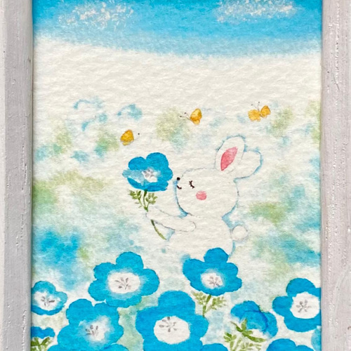 透明水彩画「ネモフィラ畑でほっこり」イラスト ミニ額 プチギフト