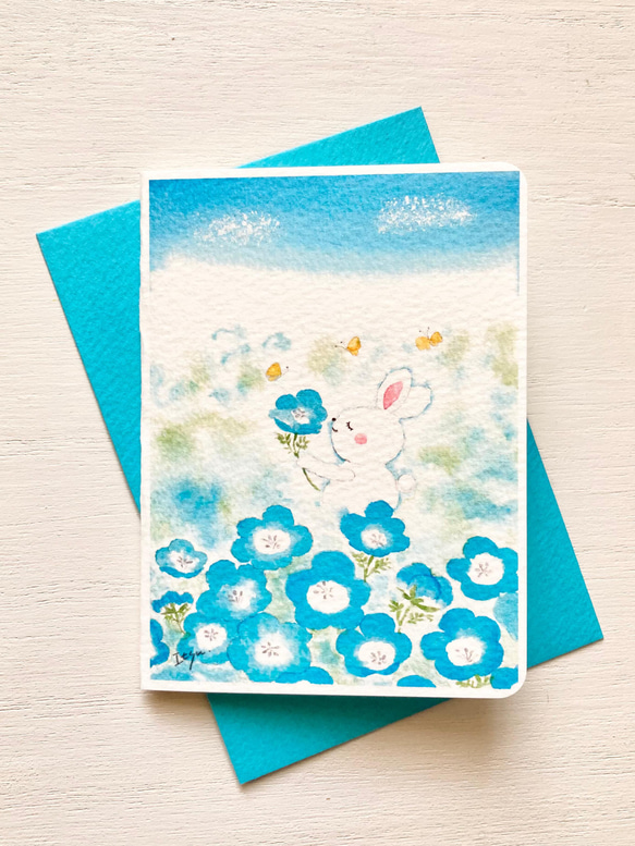 卸売 透明水彩画 ミニ 2枚セット「ネモフィラ畑でほっこり」イラスト 絵画