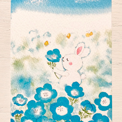 原画、キャンバス「イースターうさぎ」緑 －かわいい絵