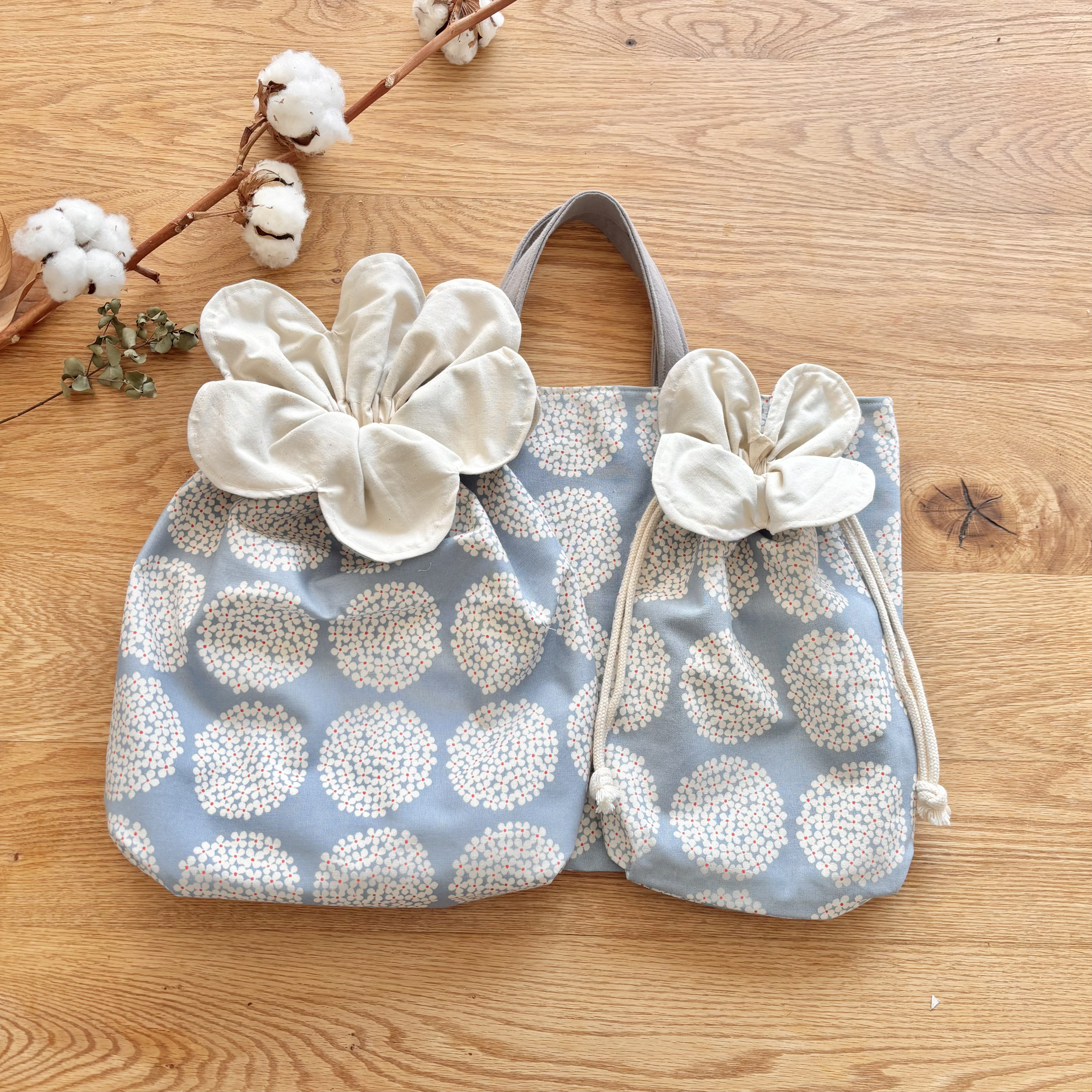 【柄14種】【単品可】入園入学3点セット/ハナマルコ巾着（上履き袋、体操袋）とレッスンバッグ