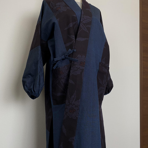 結城紬で作務衣風コート 送料無料【着物リメイク】 その他ファッション