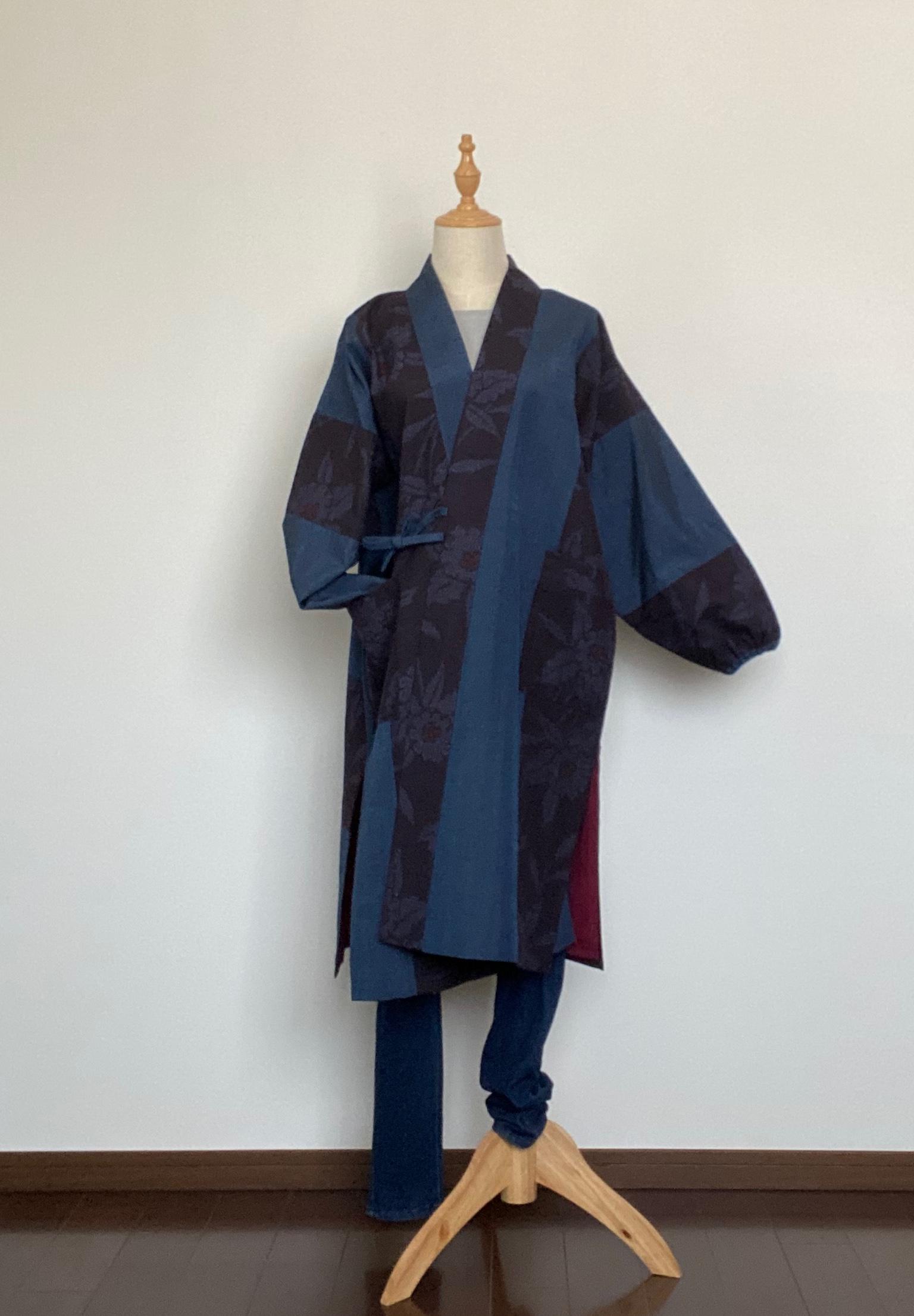 着物リメイク結城紬コート 結城紬 更紗柄のライトコート 着物リメイク | iichi 日々の