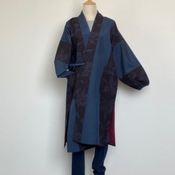 結城紬で作務衣風コート 送料無料【着物リメイク】 その他ファッション