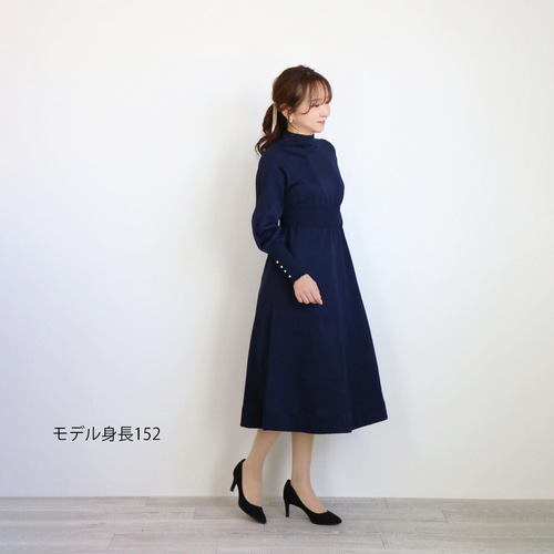 ジョリーミニョン ホールガーメント 袖口パール付きワンピース ネイビー 36 美シルエットが叶う◎】ホールガーメント 袖口パール付きワンピース