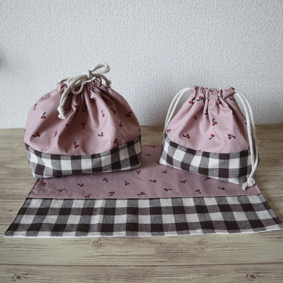 なつ③ 花柄ピンク＆パープル 上靴袋 お弁当袋 コップ袋 ランチョン