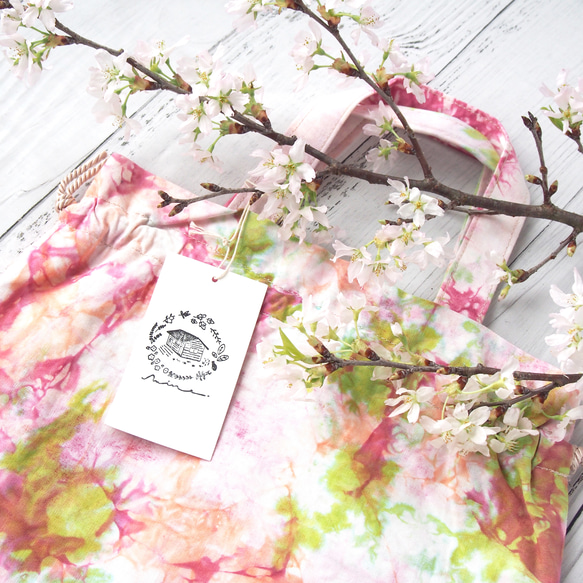 【花色染め巾着バッグ・桜PINK】２way/ 内ポケット付き 3枚目の画像