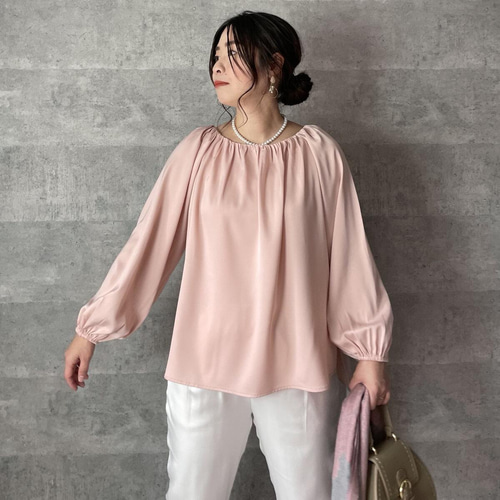 微光沢とろみギャザーブラウス M~LL対応:桜ピンク【FREE:2サイズ】卒業  