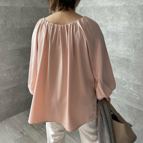 SALE 40%off□小柄S□微光沢とろみギャザーブラウス 桜ピンク