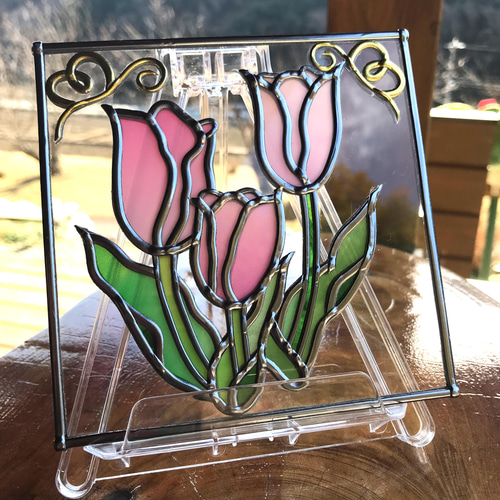ステンドグラス風グラスアート飾り盾☆チューリップ☆Spring春 その他