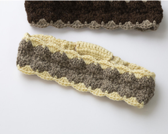 バイカラーのウールで暖か編みヘアバンド（カチューム/ヘアターバン）。ゴムの長さ調整可能なカチュームです。 3枚目の画像