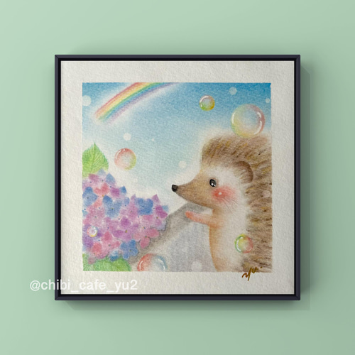原画】「紫陽花とハリネズミさん」 パステルアート 動物 イラスト
