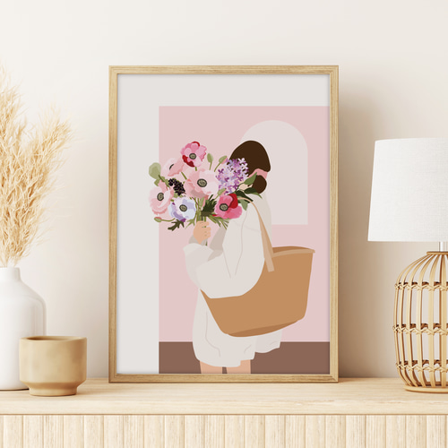 かわいい花束デザインの絵画 キャンパス地 ３０×４０cmイラストアートポスター 春のおしゃれイラスト ポスター / 花束 / ピンク / 海外風 / アート