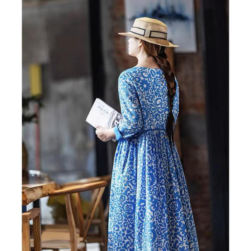 コットン/綿100%】しじら織の花柄ロングワンピース ウエスト切替