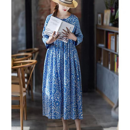 コットン/綿100%】しじら織の花柄ロングワンピース ウエスト切替