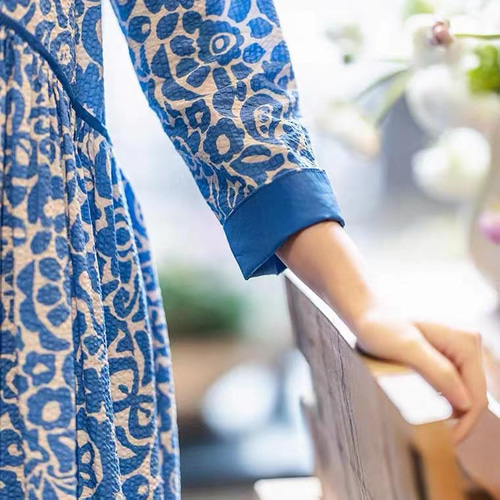 Sea New York コットン 花柄 Aライン ロング ワンピース XS 紺 L～8L】USAコットン ネックが選べる Aライン ワンピース