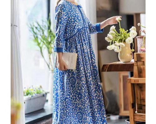 【コットン/綿100%】しじら織の花柄ロングワンピース ウエスト