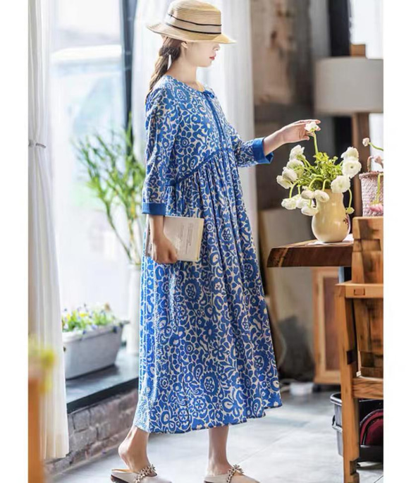 コットン/綿100%】しじら織の花柄ロングワンピース ウエスト切替