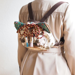 ジャガード織猫型巾着リュックバッグ(一点作品/送料無料) 2枚目の画像