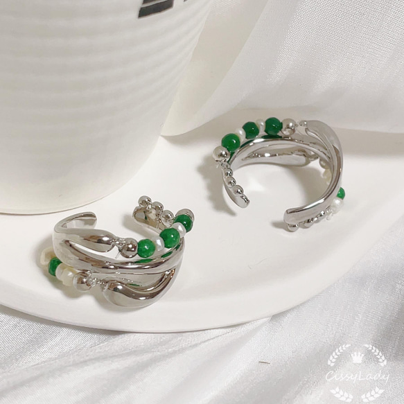 シルバー　ミニ淡水パールとグリーンビーズ　指輪　リング　ring フリーサイズ　 6枚目の画像