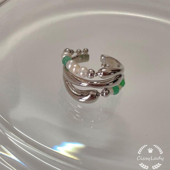 シルバー　ミニ淡水パールとグリーンビーズ　指輪　リング　ring フリーサイズ　 3枚目の画像