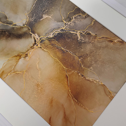 アルコールインクアートアクリル時計 ブラウン大理石柄 A4原画】アルコールインクアート/こげ茶色/ポスター/金継ぎ風【大理石