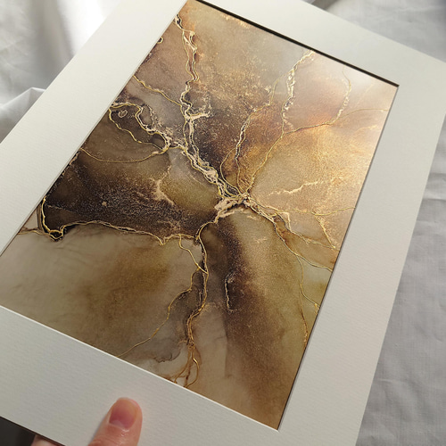 A4原画】アルコールインクアート/こげ茶色/ポスター/金継ぎ風【大理石