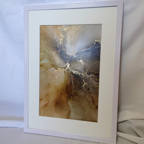 A4原画】アルコールインクアート/こげ茶色/ポスター/金継ぎ風【大理石