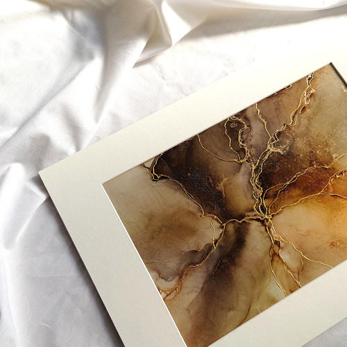 A4原画】アルコールインクアート/こげ茶色/ポスター/金継ぎ風【大理石