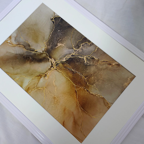 アルコールインクアートアクリル時計 ブラウン大理石柄 A4原画】アルコールインクアート/こげ茶色/ポスター/金継ぎ風【大理石